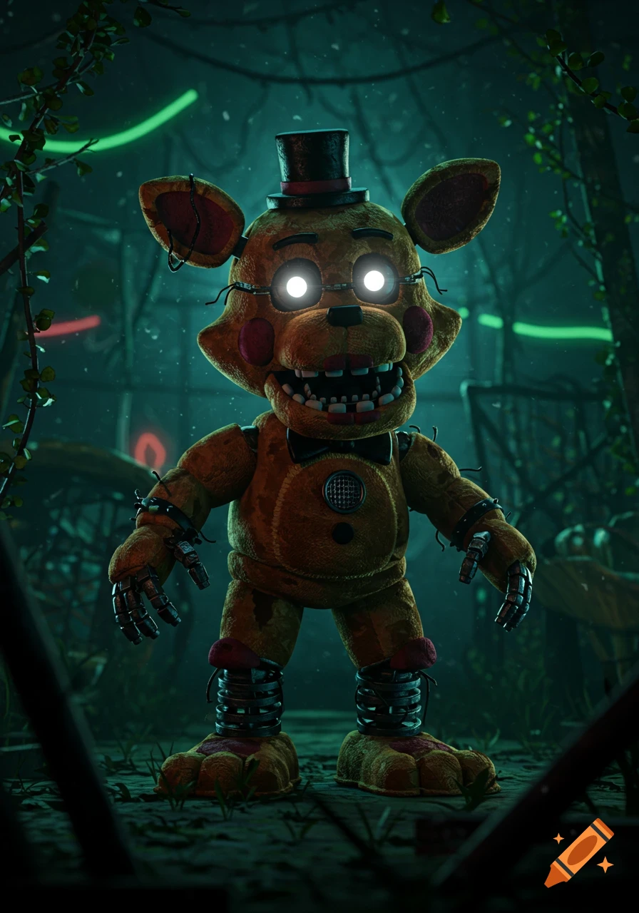 A golden animatronic bear wearing a top hat and bowtie with glowing white eyes and exposed mechanical parts stands in a dark, overgrown industrial setting.