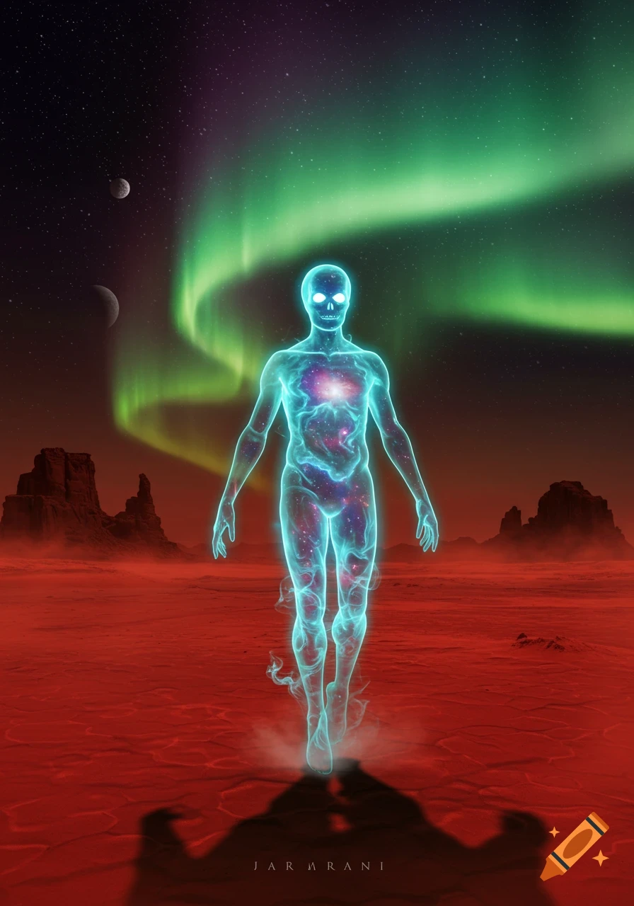 A glowing, ethereal, skeletal human-like figure stands on a red alien landscape under a sky with green aurora and moons.
