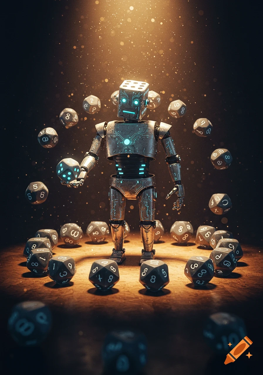 A metallic robot with a dice for a head stands amidst a circle of dice, holding a glowing die. Sparkles fall from above in a dark, atmospheric setting.