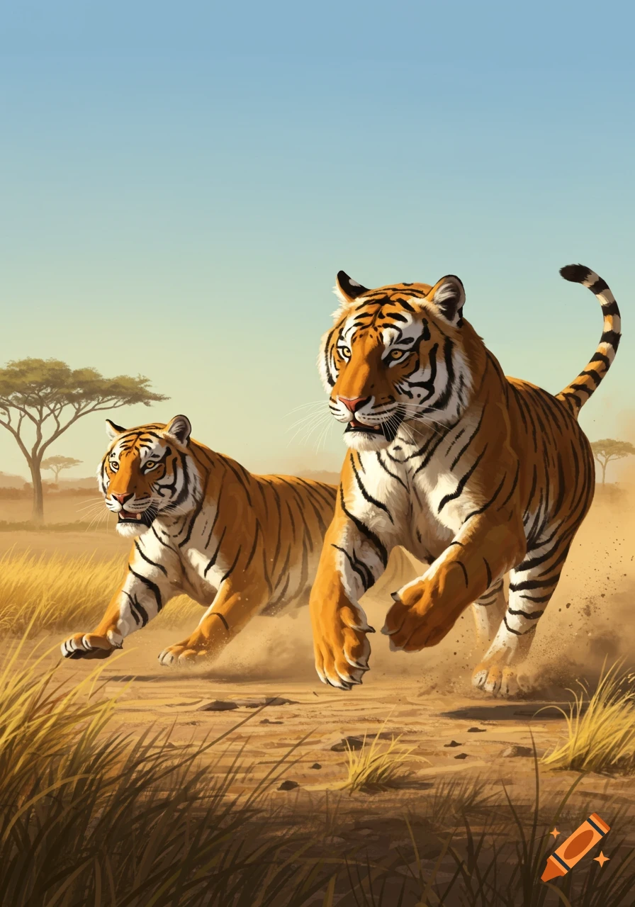 Two tigers run through a dusty savanna with sparse trees under a clear sky, in an illustrative style.