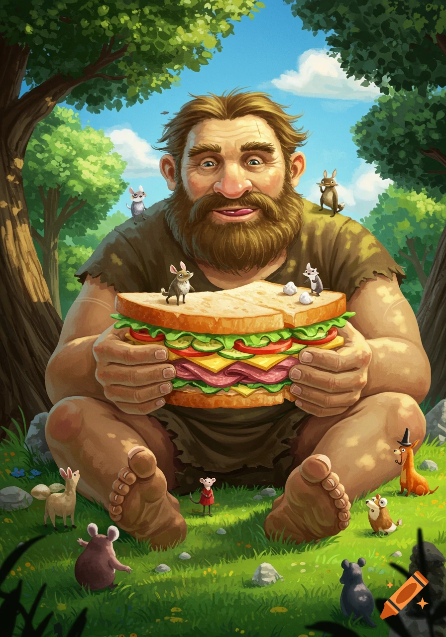 A stylized illustration of a large, bearded caveman-like man sitting in a sunny forest, holding a giant sandwich, with small animals around him.