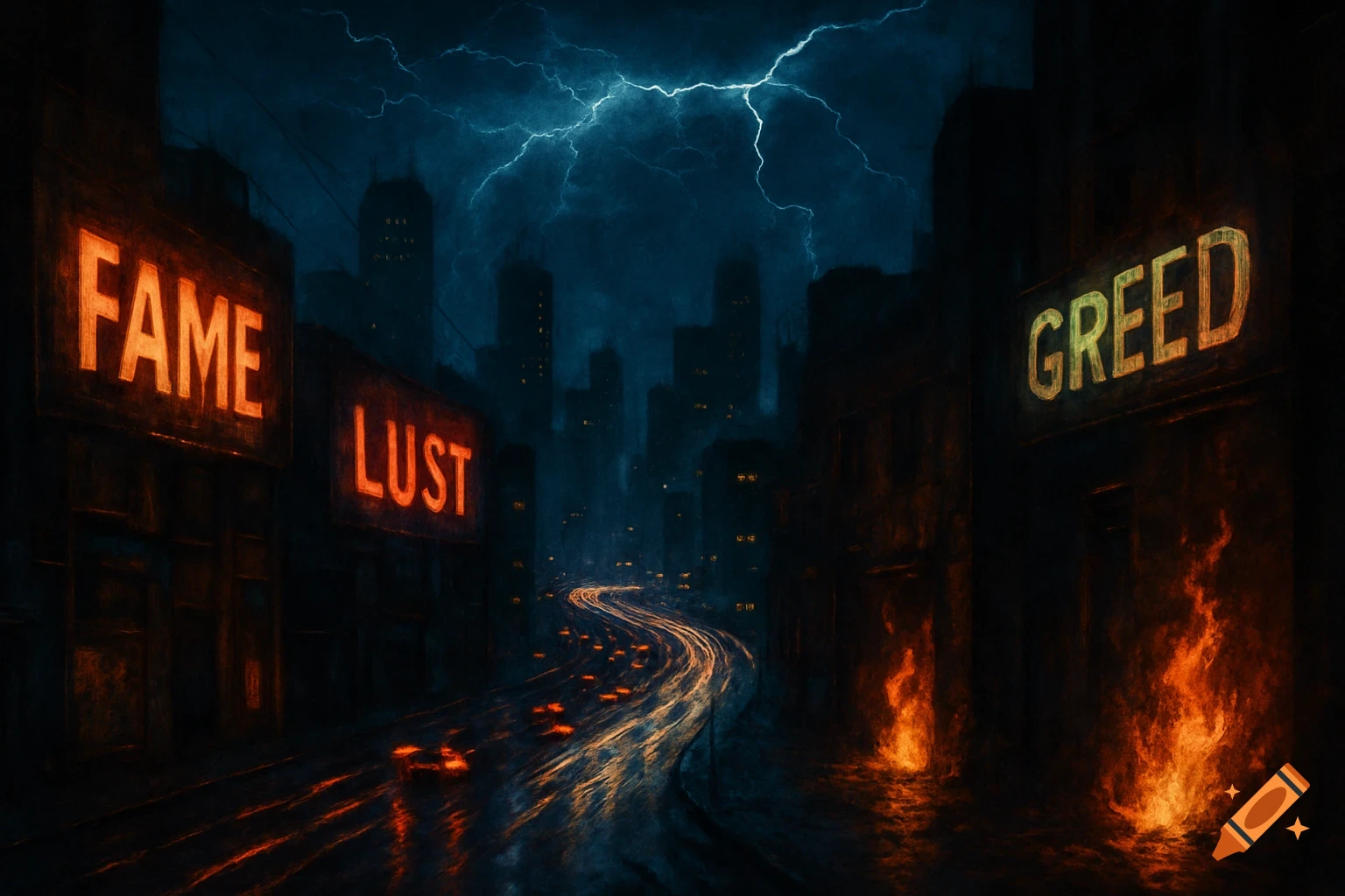 A dark, moody cityscape at night with lightning in the sky. Neon signs read 'FAME', 'LUST', and 'GREED' as traffic lights glow on a wet road.