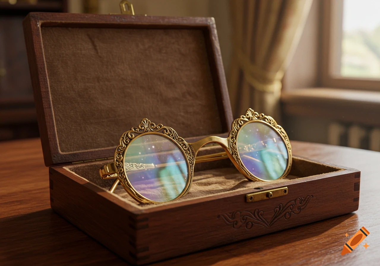 Ornate golden Victorian glasses with reflective lenses lie in an open wooden box.