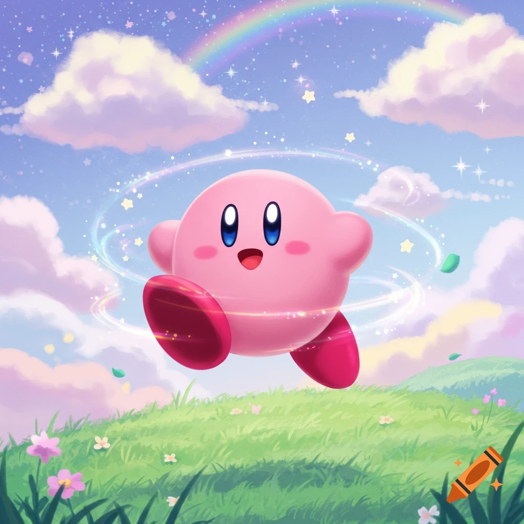 A vibrant illustration of pink Kirby running through a grassy field under a pastel sky with clouds, a rainbow, and sparkling stars.