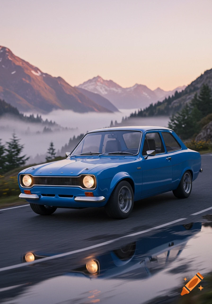 Blue vintage Ford Escort on a wet mountain road with misty mountains at sunset, photorealistic style.