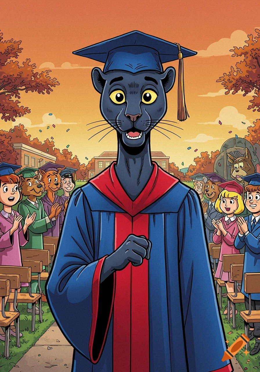 A cartoon black panther in a graduation cap and gown smiles as human and animal classmates clap at an outdoor ceremony.
