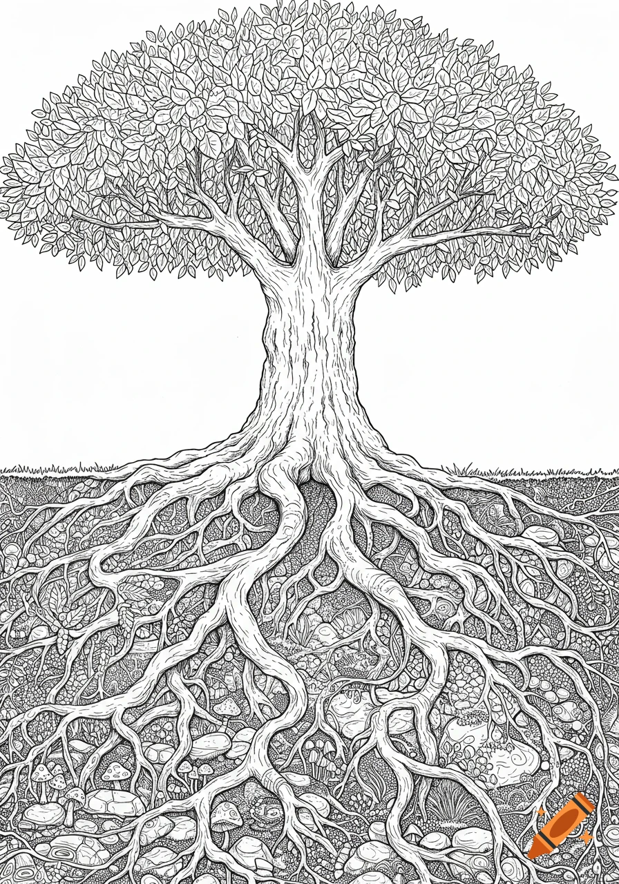 Detailed black and white line art of a large tree with its extensive root system visible underground, in a coloring book style.