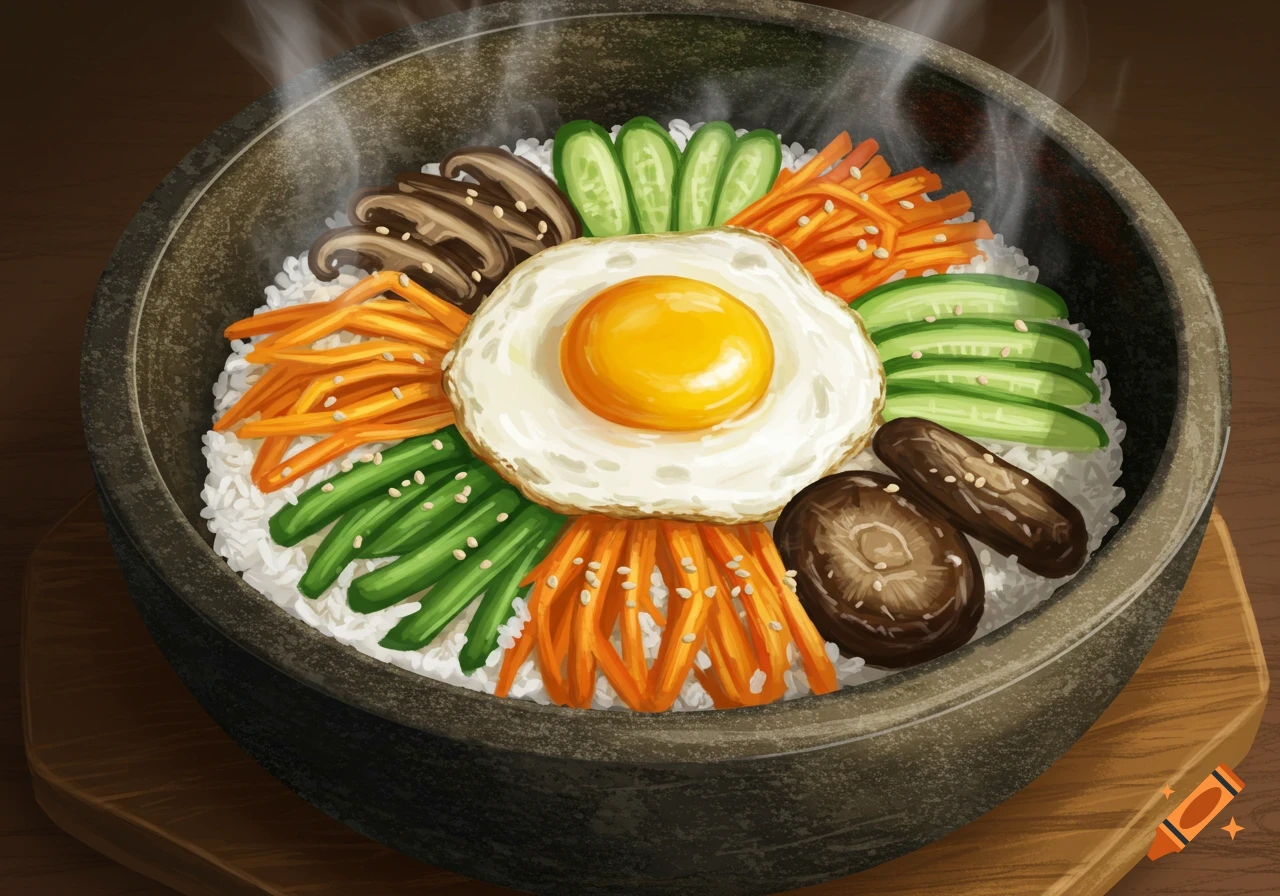 An illustration of steaming Bibimbap in a dark stone bowl, featuring rice, vibrant vegetables, a fried egg, and mushrooms.