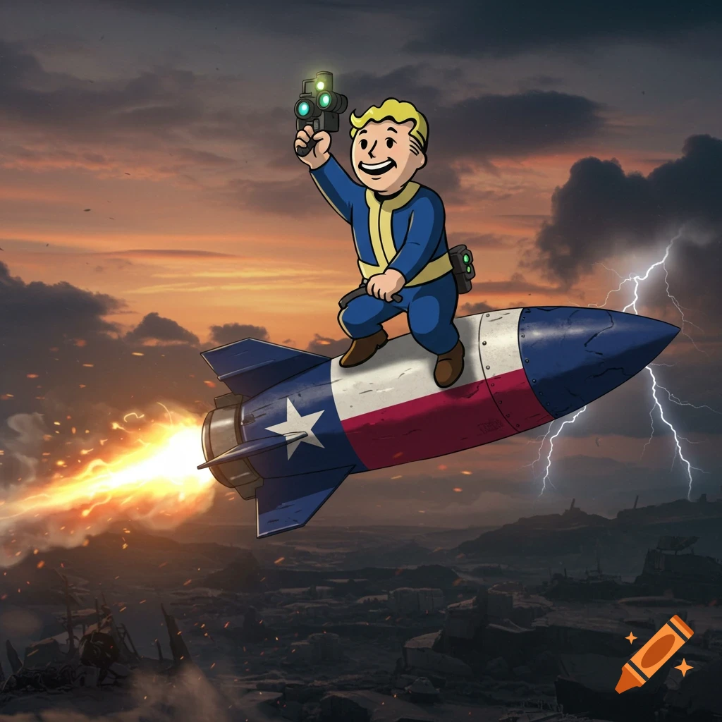 Vault Boy rides a rocket with a Texas flag over a post-apocalyptic landscape with a sunset and lightning.