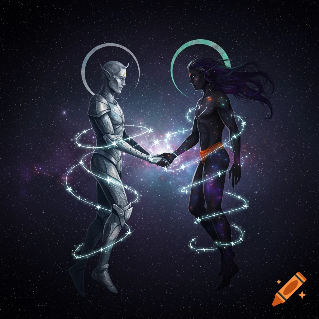 Ethereal armored and cosmic figures hold hands amid swirling stars in a galaxy, with halos above their heads.