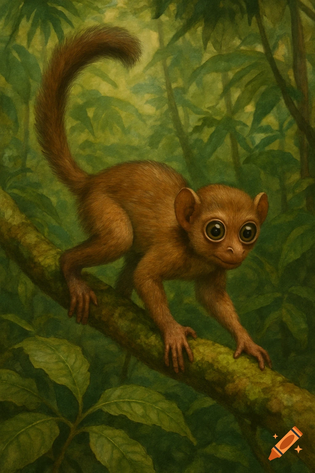 A small brown primate with large eyes clings to a mossy branch in a green jungle, in a painterly style.