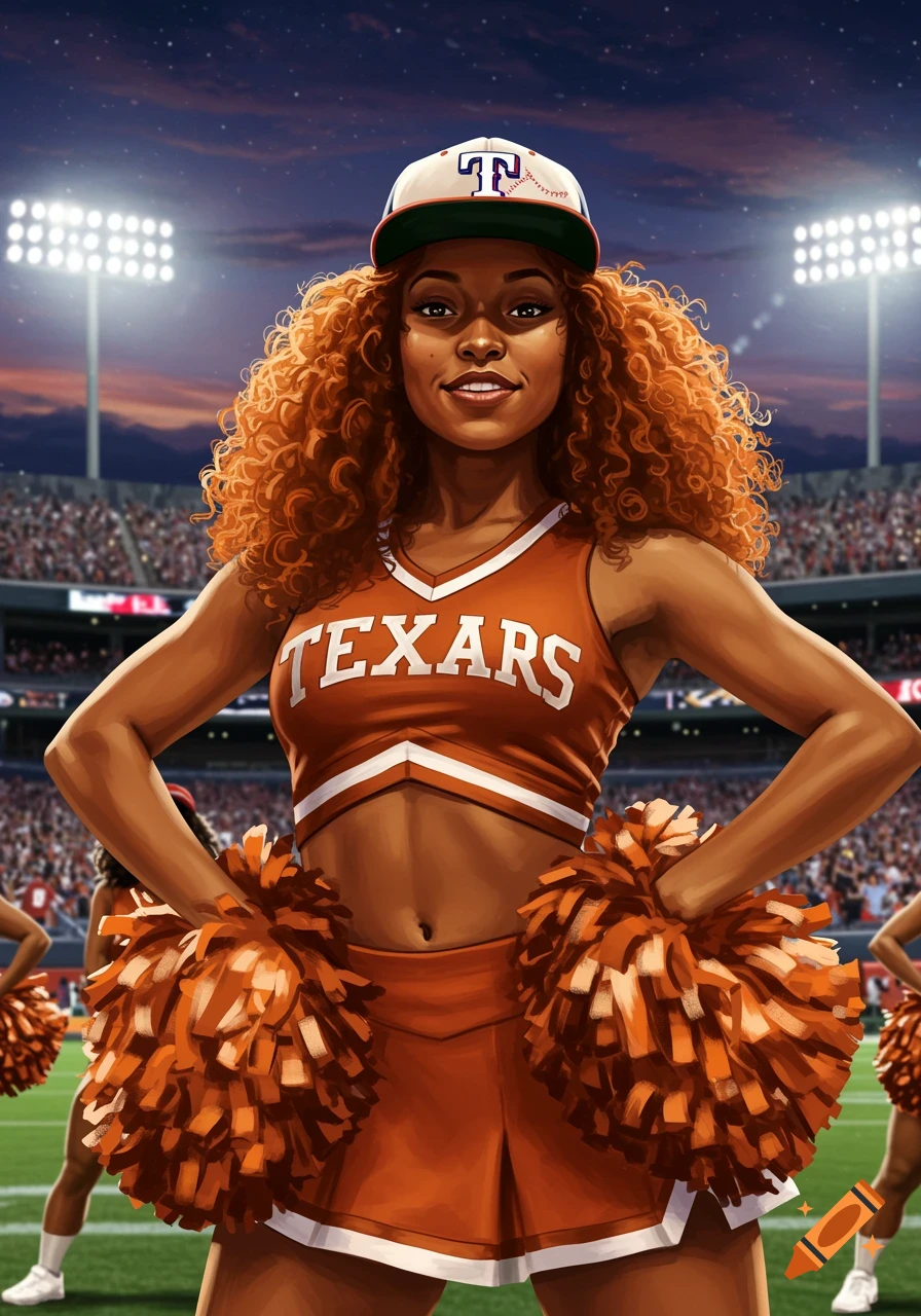 A smiling Black woman cheerleader in an orange uniform and white cap holds orange pom-poms in a football stadium at dusk.