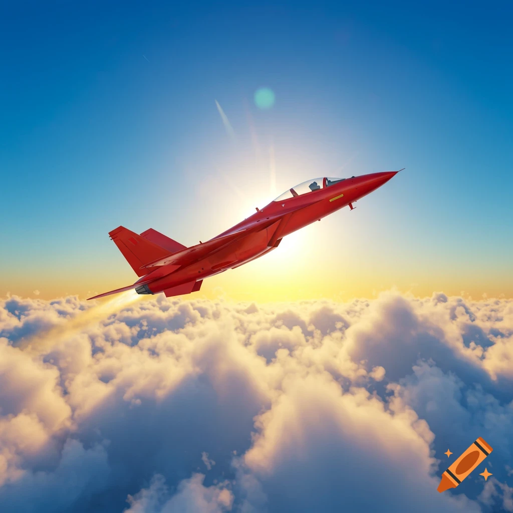 A red jet aircraft ascends through a sunny blue sky above fluffy white clouds, with a bright sunburst behind it.