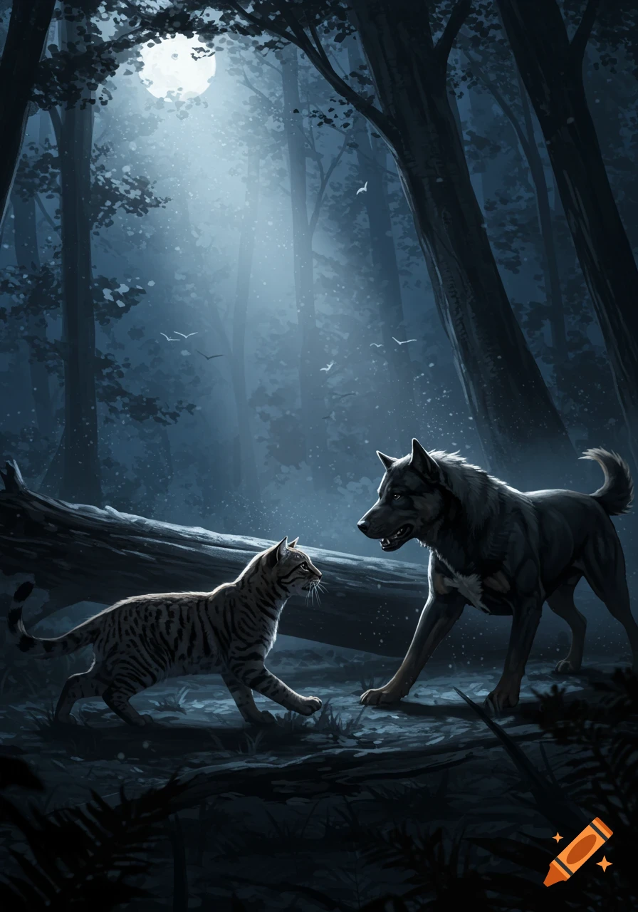 An illustrative image of a striped cat and a black dog facing each other in a dark, moonlit forest.