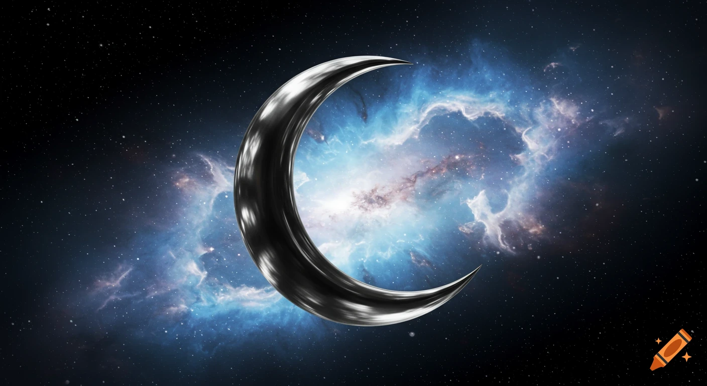 A gleaming chrome crescent moon against a vibrant blue nebula and starry black space.