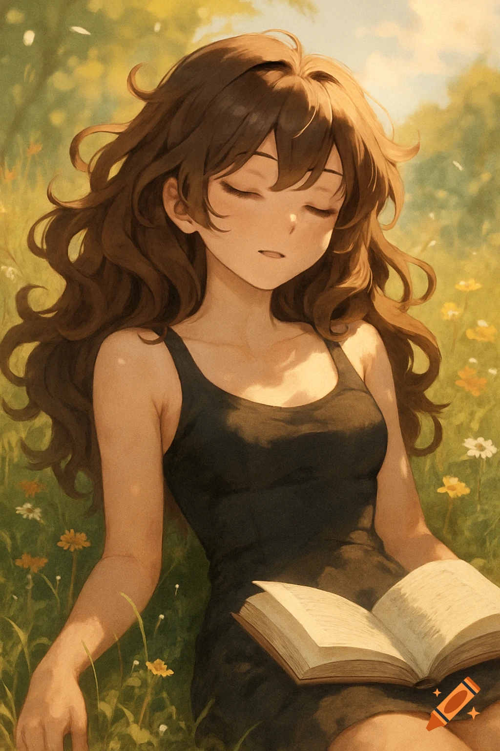 Anime woman with long brown hair sleeping in a field with a book, bathed in sunlight.