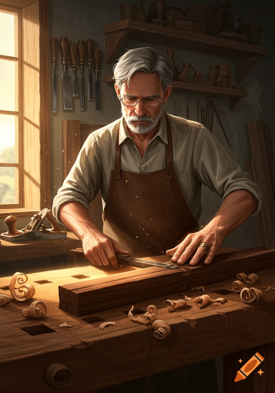 Older woodworker in an apron joining wood with a chisel on a workbench in a sunlit workshop. Realistic art.