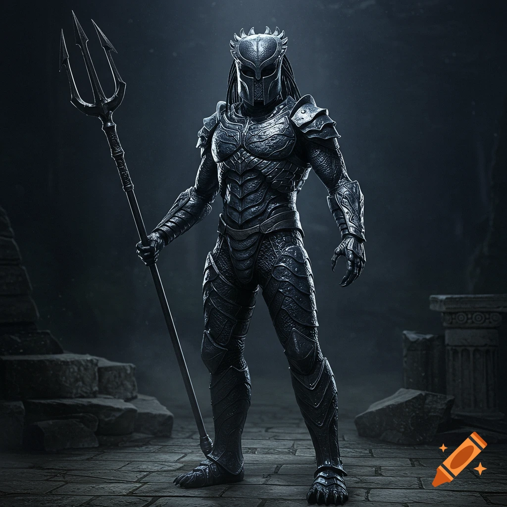 A dark, armored figure resembling a Predator and a Greek warrior, holding a trident, stands in a dark, ancient setting.