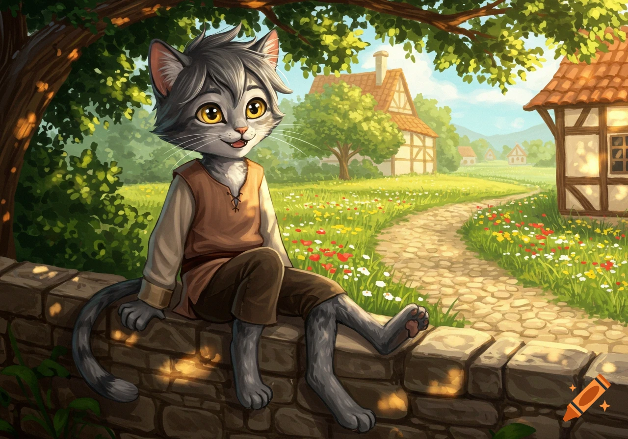 A cartoon cat boy in a tunic sits on a stone wall in a sunny village setting with a path and wildflowers.