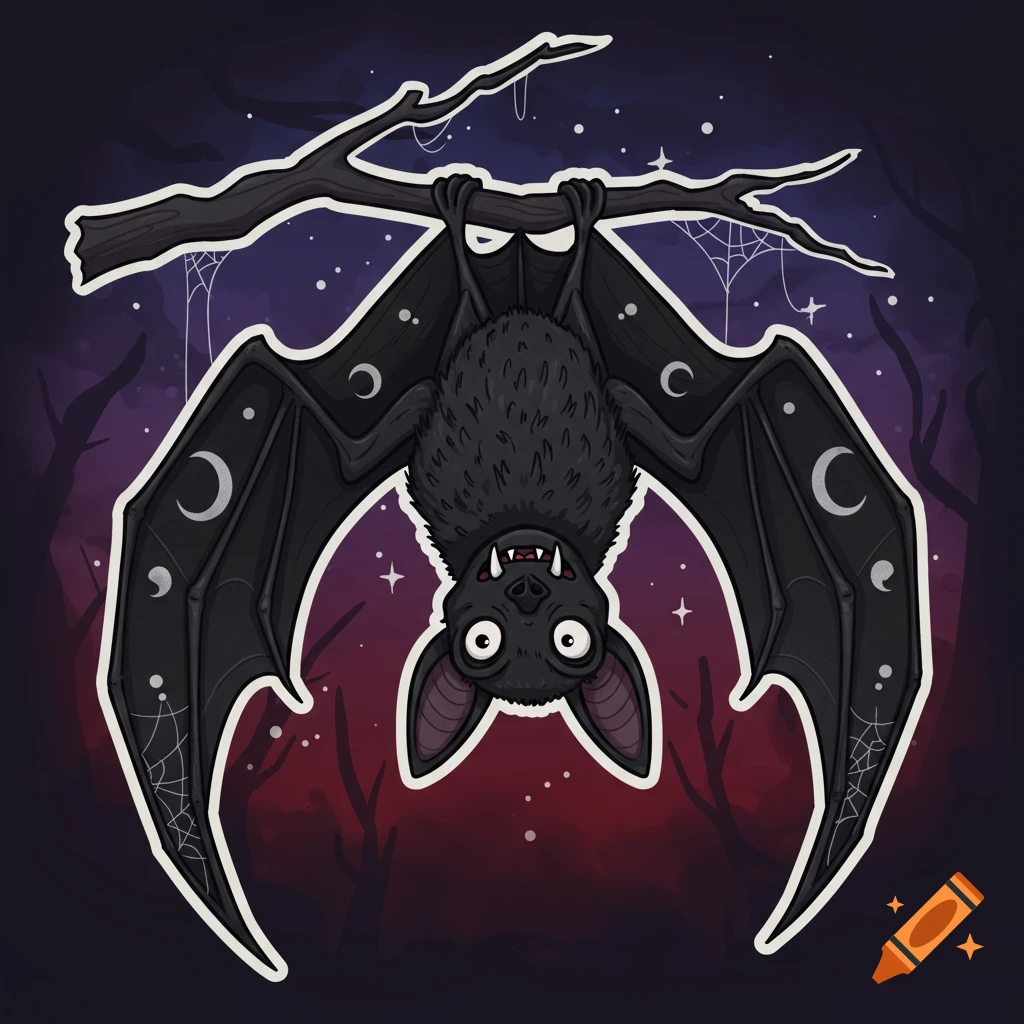 A cartoonish black bat with large eyes and fangs hangs upside down from a branch against a dark, starry, purplish-red background.