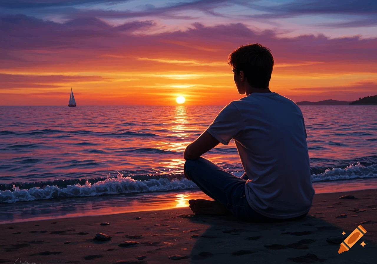 A person sits on a sandy beach, gazing at a vibrant orange and purple sunset over the ocean, with a sailboat in the distance.