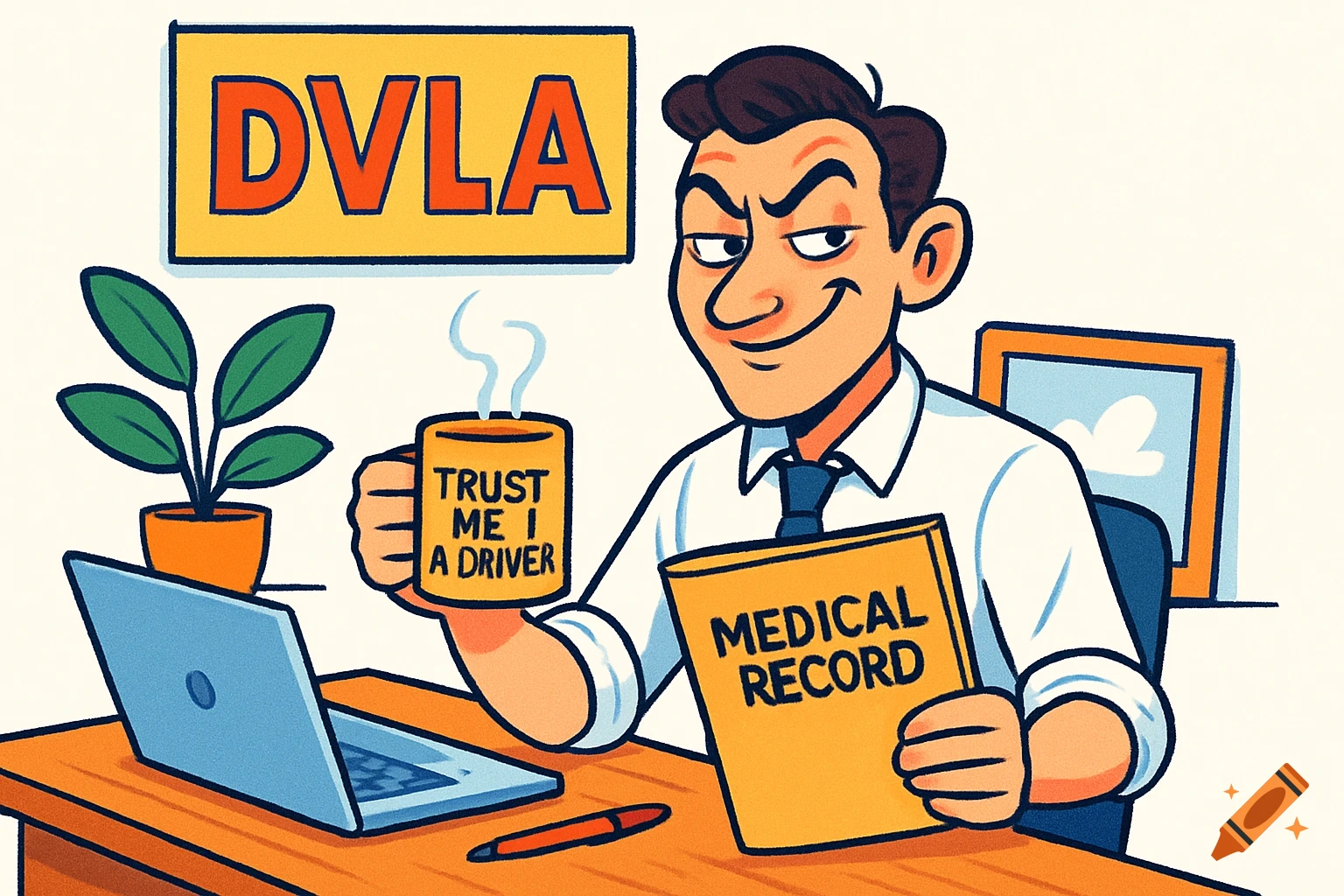 A cartoon man with a sly grin sits at an office desk. He holds a mug with 'TRUST ME I A DRIVER' and a file labeled 'MEDICAL RECORD'. Behind him is a sign that reads 'DVLA'.