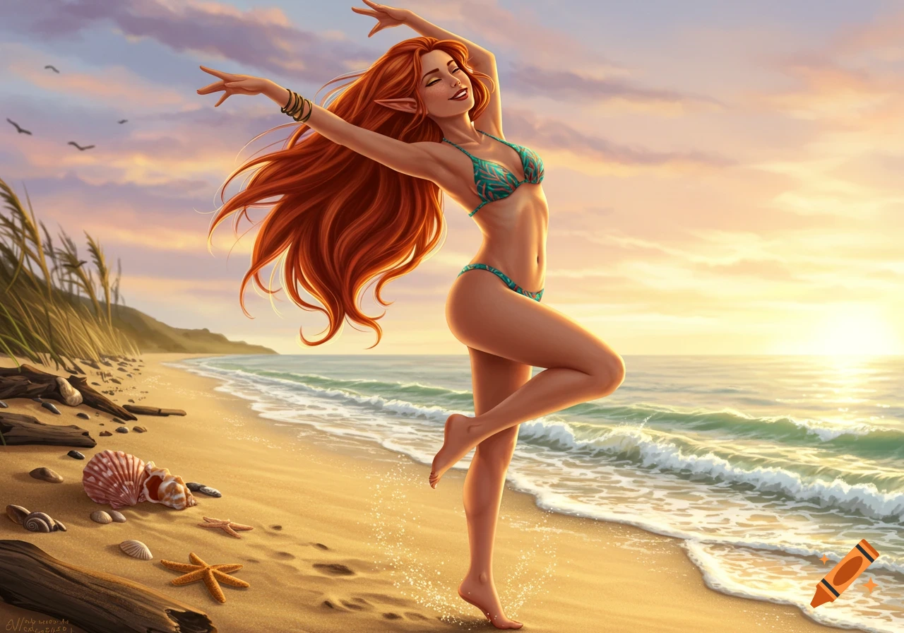 A smiling red-haired elf woman in a bikini dances on a sunlit beach at sunset, digital fantasy art.