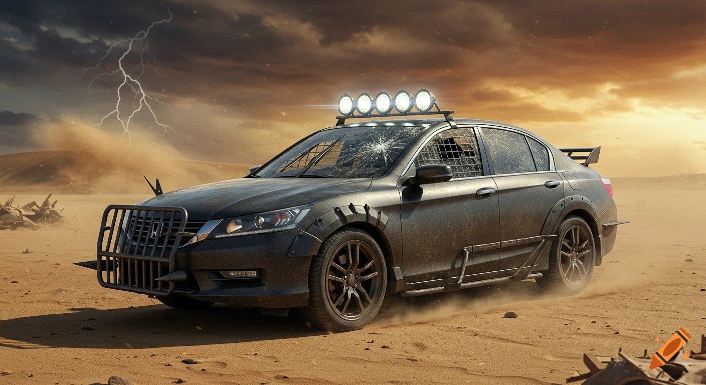 A dark gray, modified Honda Accord with a bull bar and roof lights drives through a dusty desert under a stormy, lightning-filled sky.