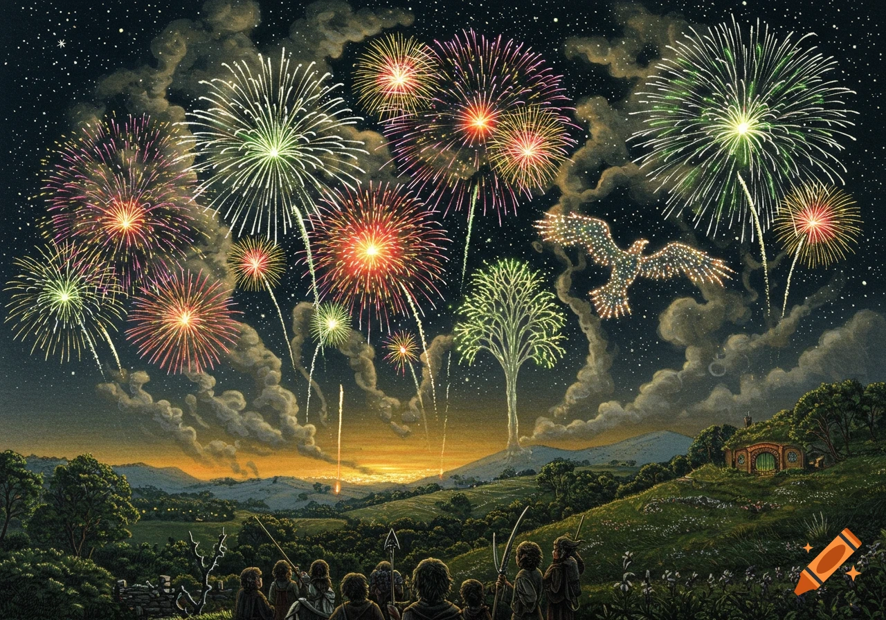 Illustrated fantasy art of hobbit-like figures watching colorful fireworks and glowing tree over a landscape with a hobbit hole.