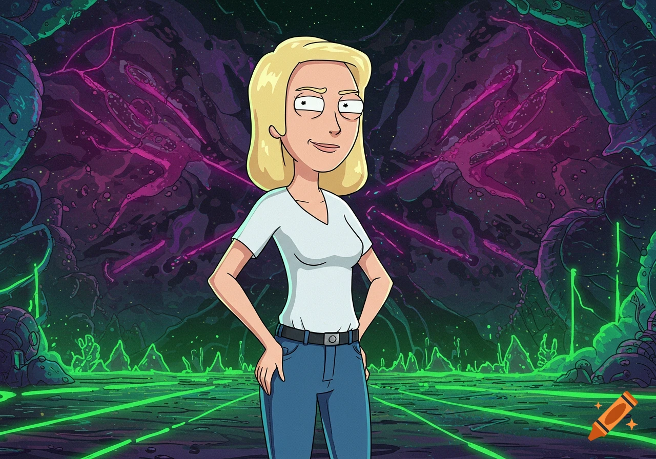 Beth Smith from Rick and Morty stands confidently in a vibrant, neon-lit alien landscape with glowing green and purple elements.