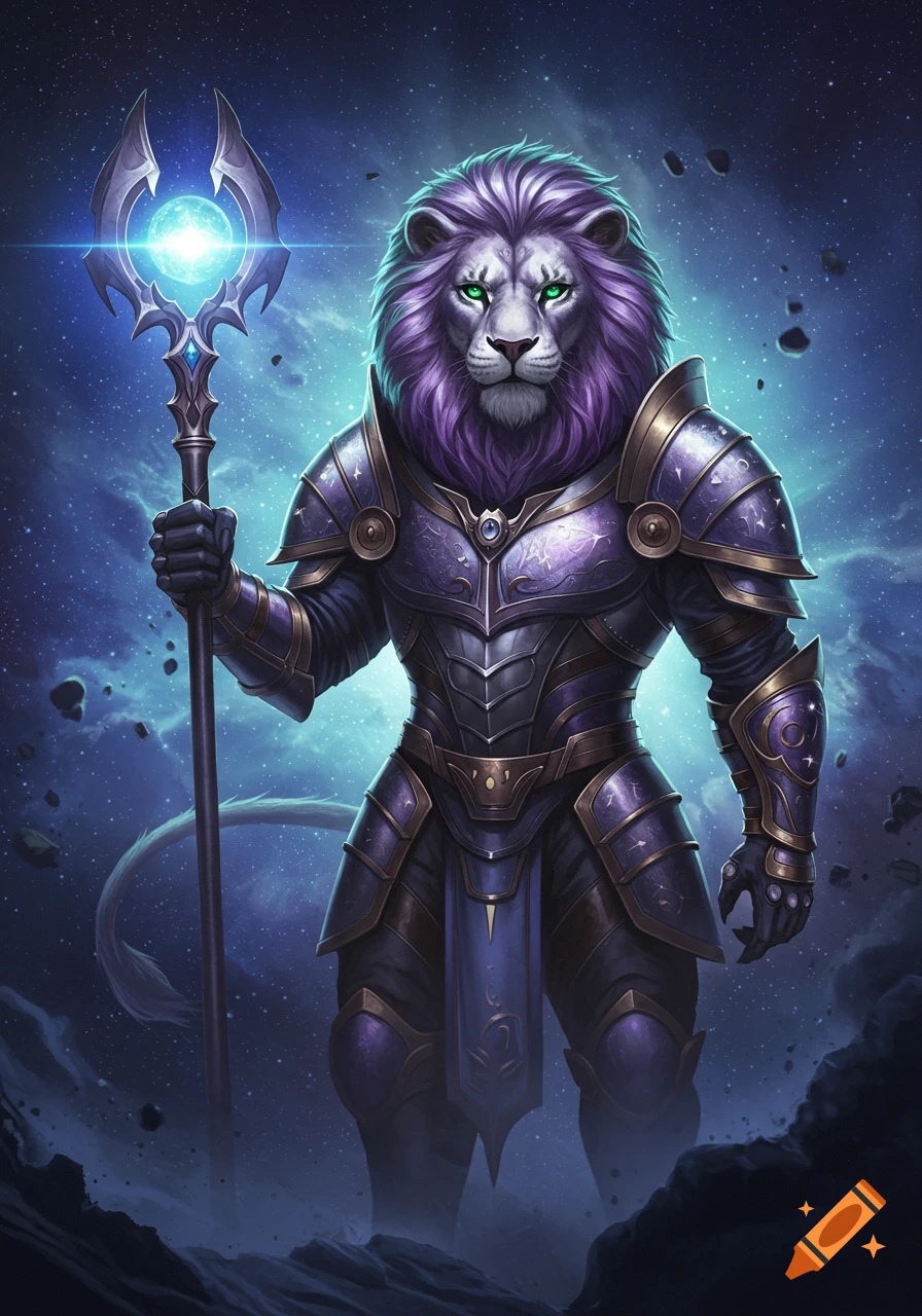 Majestic purple-maned lion humanoid in ornate purple and gold armor, holding a glowing staff, against a starry cosmic background.