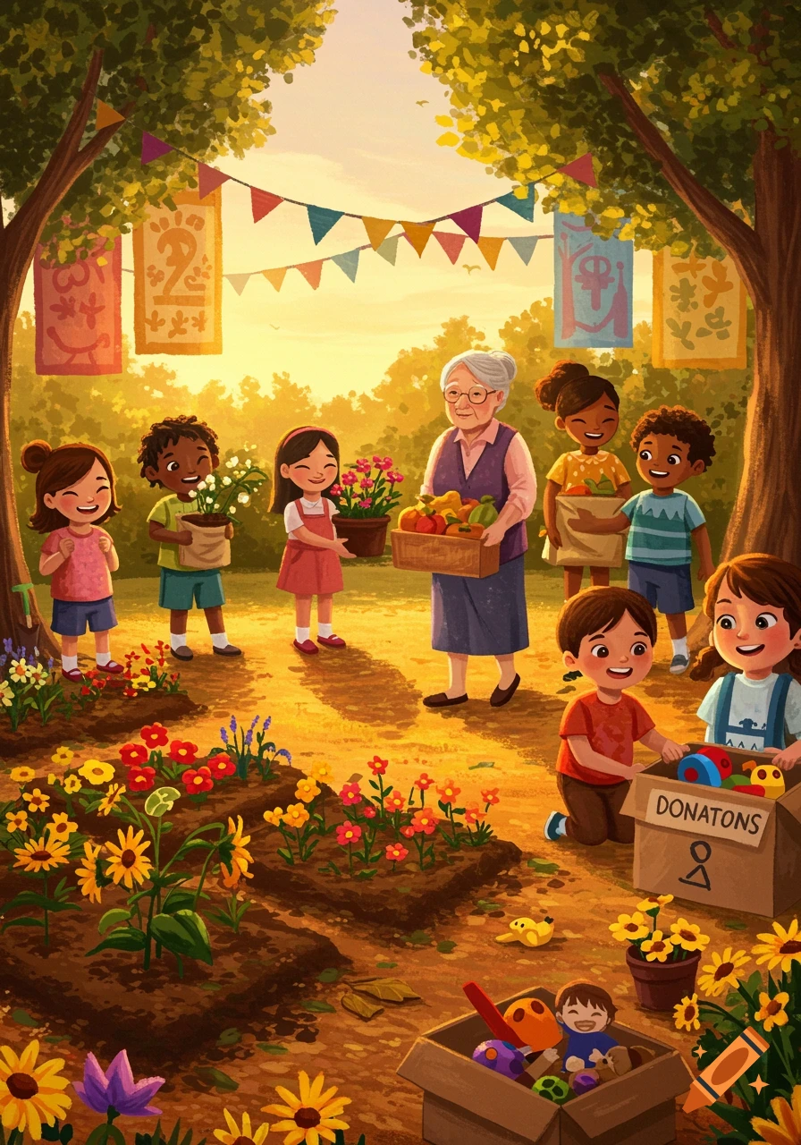 Children and an elderly woman work in a vibrant garden, planting flowers, and collecting produce and toys in boxes, illustration.