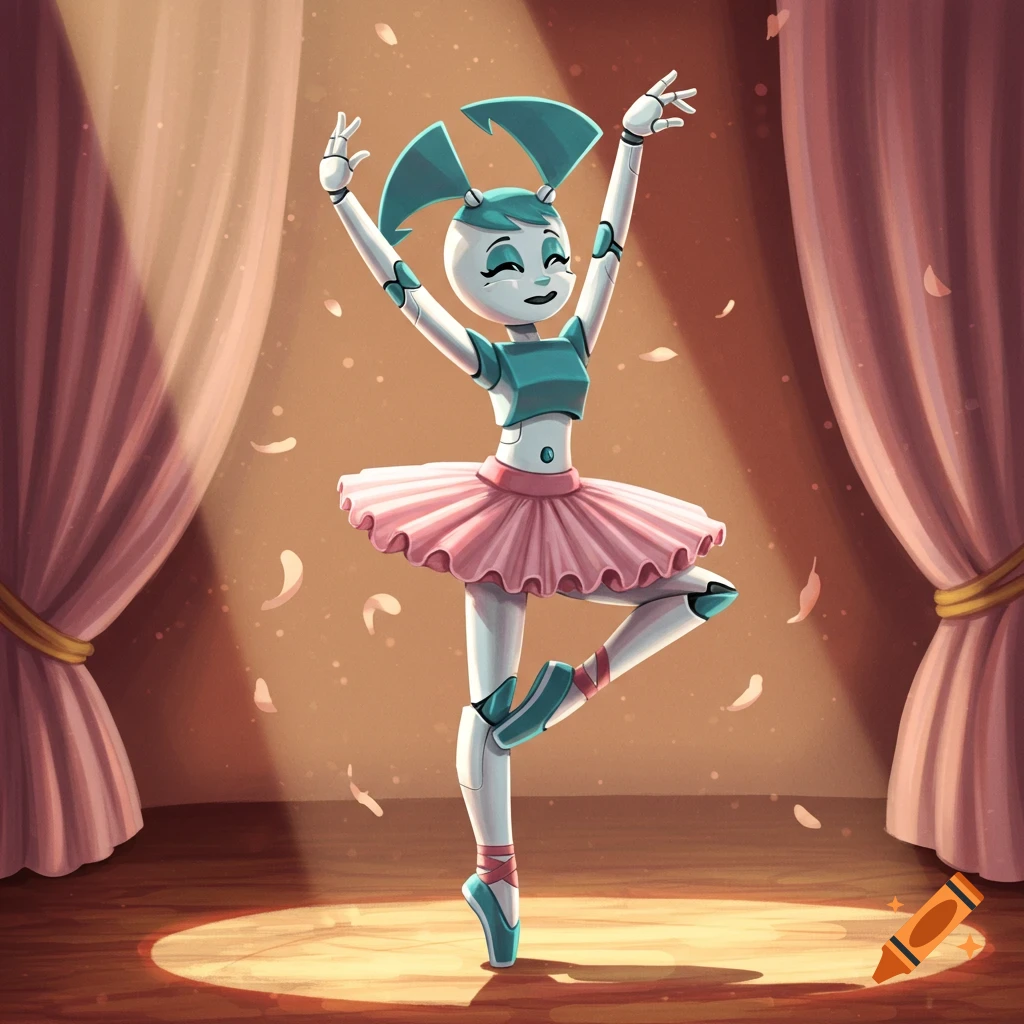 Cartoon robot Jenny Wakeman in a pink tutu dances ballet on a spotlighted stage with pink curtains and falling petals.