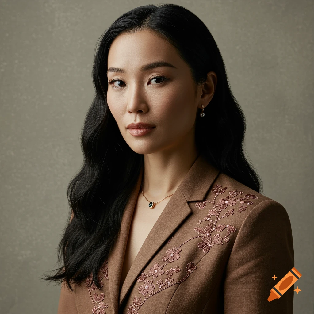 Photorealistic portrait of a young Asian woman in a brown blazer with pink floral embroidery and jewelry.