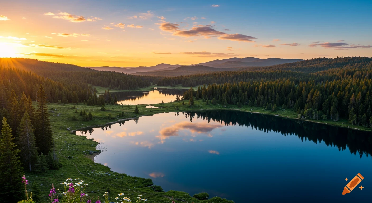 Golden sunset over calm forest lakes reflecting clouds and trees, surrounded by dense pine trees and distant hills.