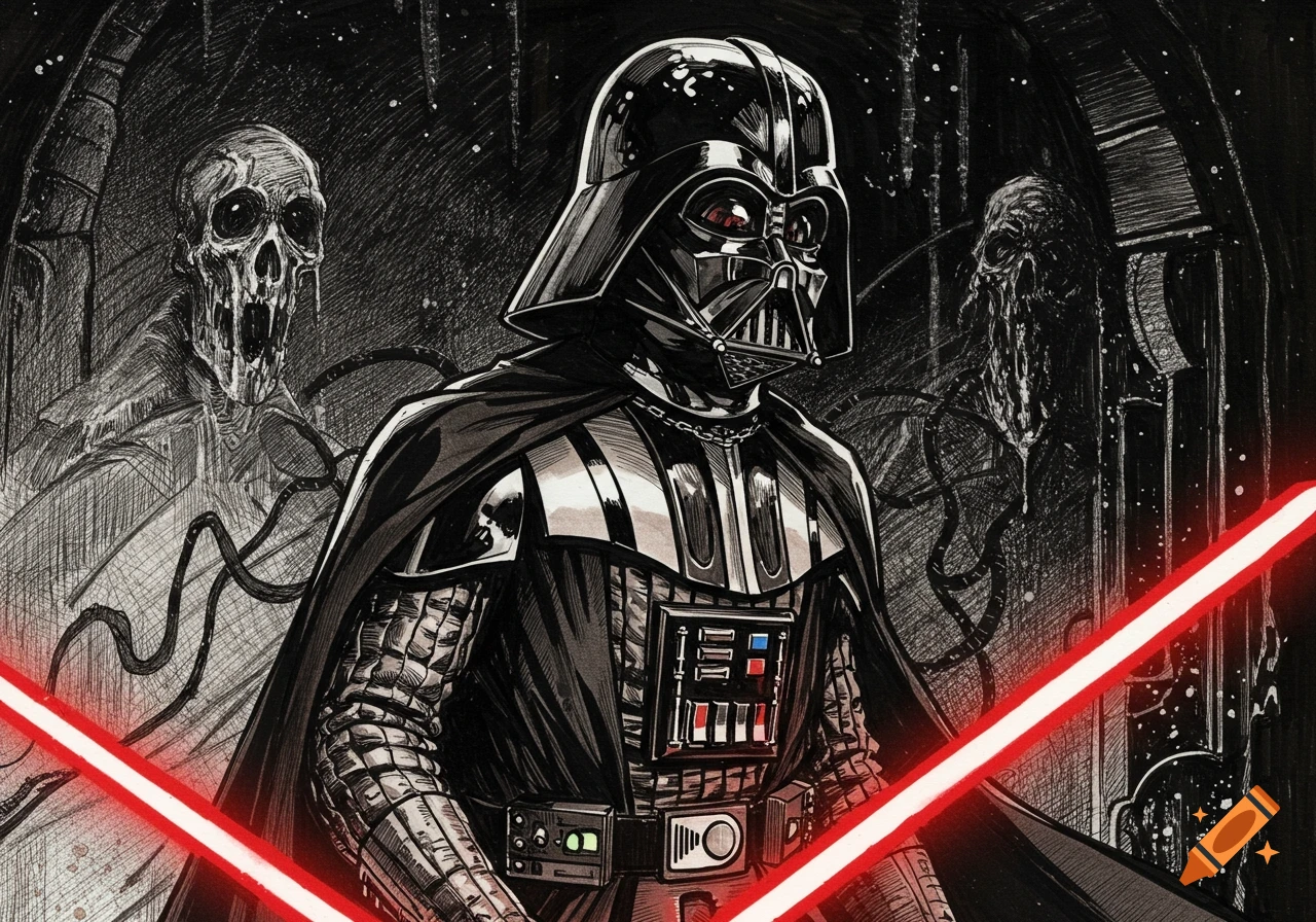 Darth Vader holds a lightsaber amidst ghastly skeletal figures in a black, white, and red ink sketch style.