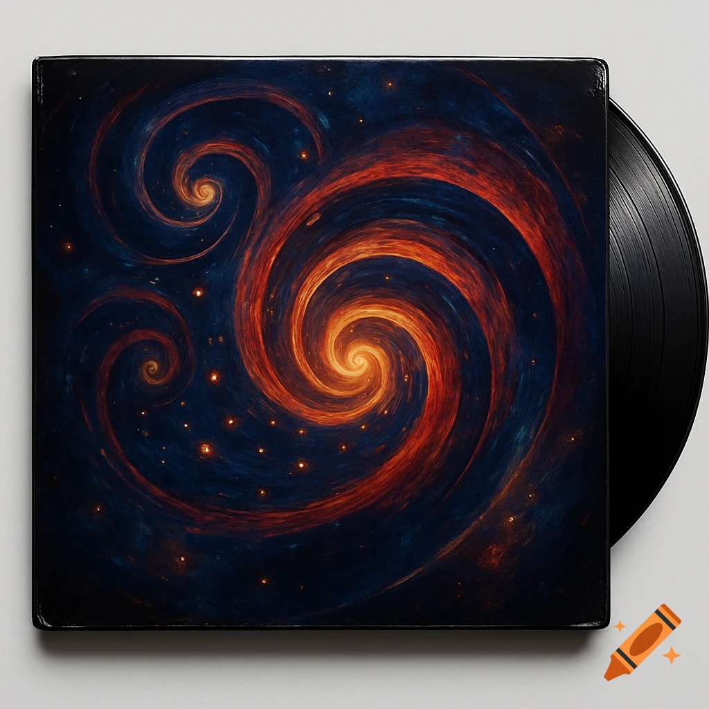 Close-up of a vinyl record with a dark cover featuring a swirling orange and blue galaxy or nebula design.