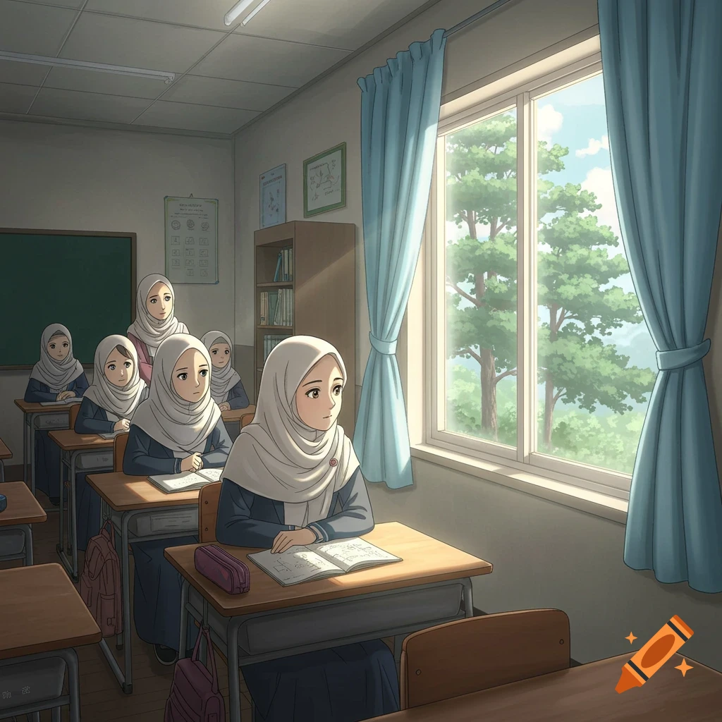 Anime-style classroom with schoolgirls in hijabs at desks, one gazing thoughtfully out a window at tall trees.