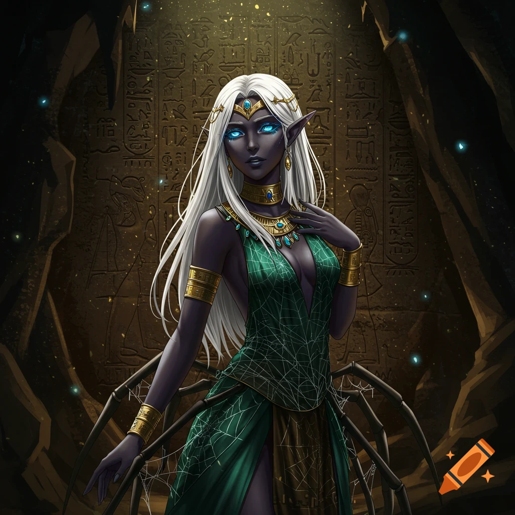 Anime drow princess with white hair, blue eyes, wearing a green spider-themed Egyptian dress and gold jewelry, in a cave with hieroglyphs.