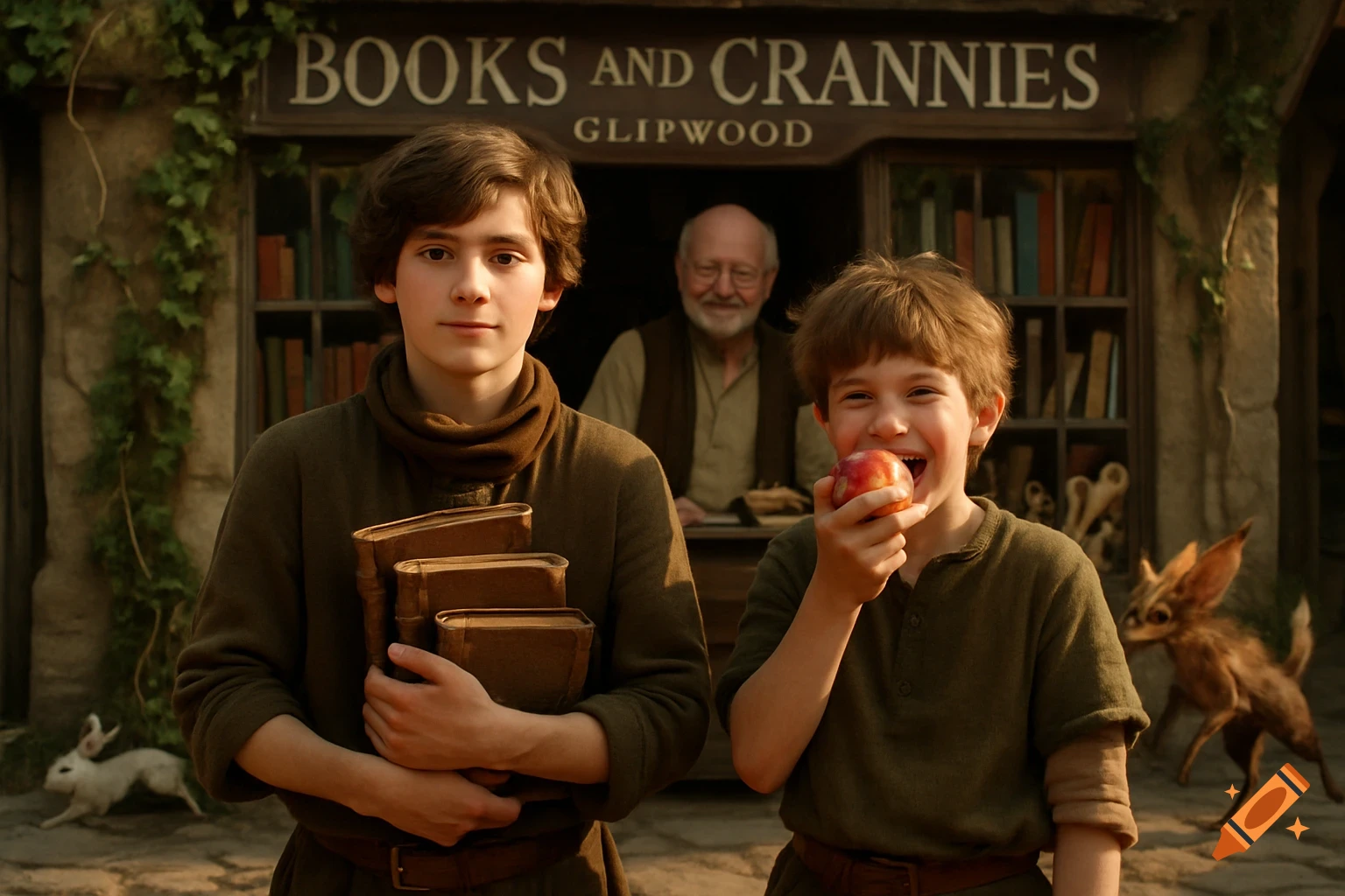 Two boys in front of a 'Books and Crannies' bookstore; one holds books, another eats an apple. An old man is inside, with fantasy animals nearby.