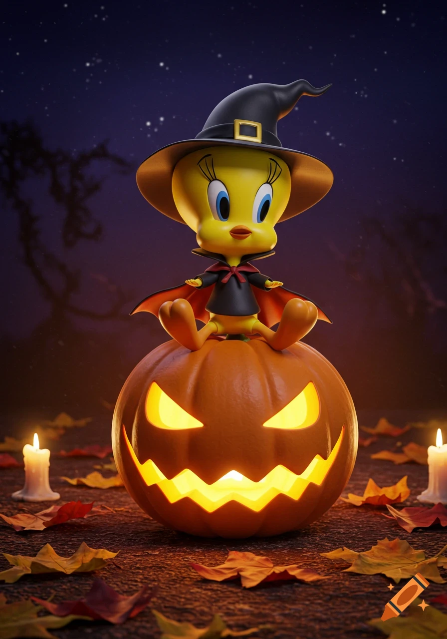 3D render of Tweety Bird dressed as a witch, sitting on a glowing jack-o'-lantern with autumn leaves and candles under a starry sky.