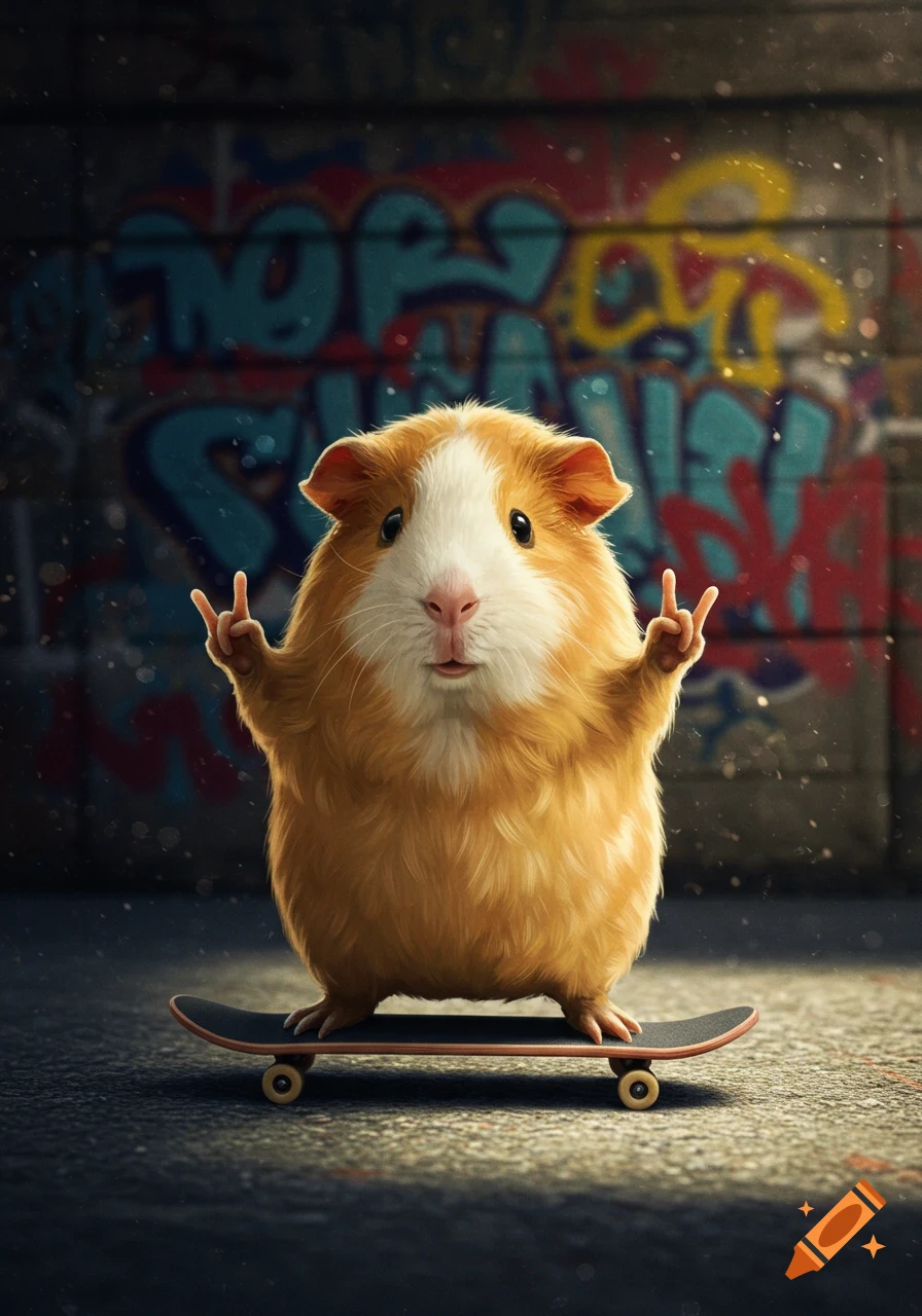 A fluffy guinea pig stands on a skateboard, making peace signs with its front paws in front of a graffiti-covered wall, in a photorealistic style.