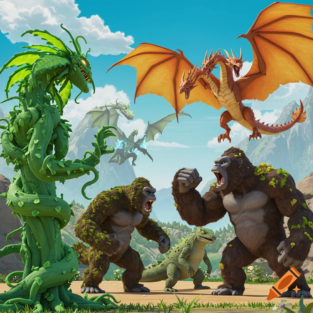 A vibrant cartoon scene featuring a green plant monster, a three-headed orange dragon, two gorilla-like apes, and a lizard monster in a mountainous landscape.