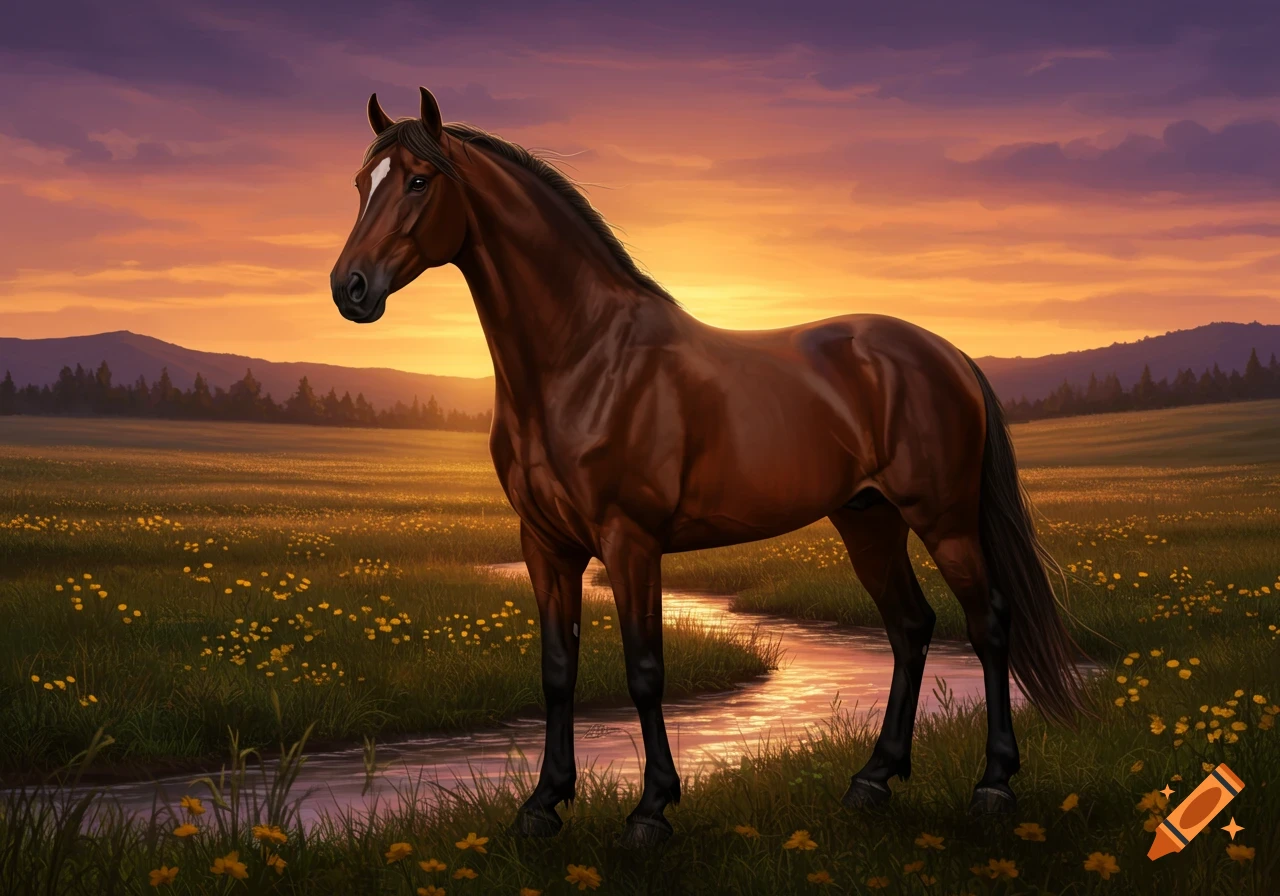 A brown horse stands in a flower-filled field next to a stream at sunset, with mountains in the distance. Digital illustration.