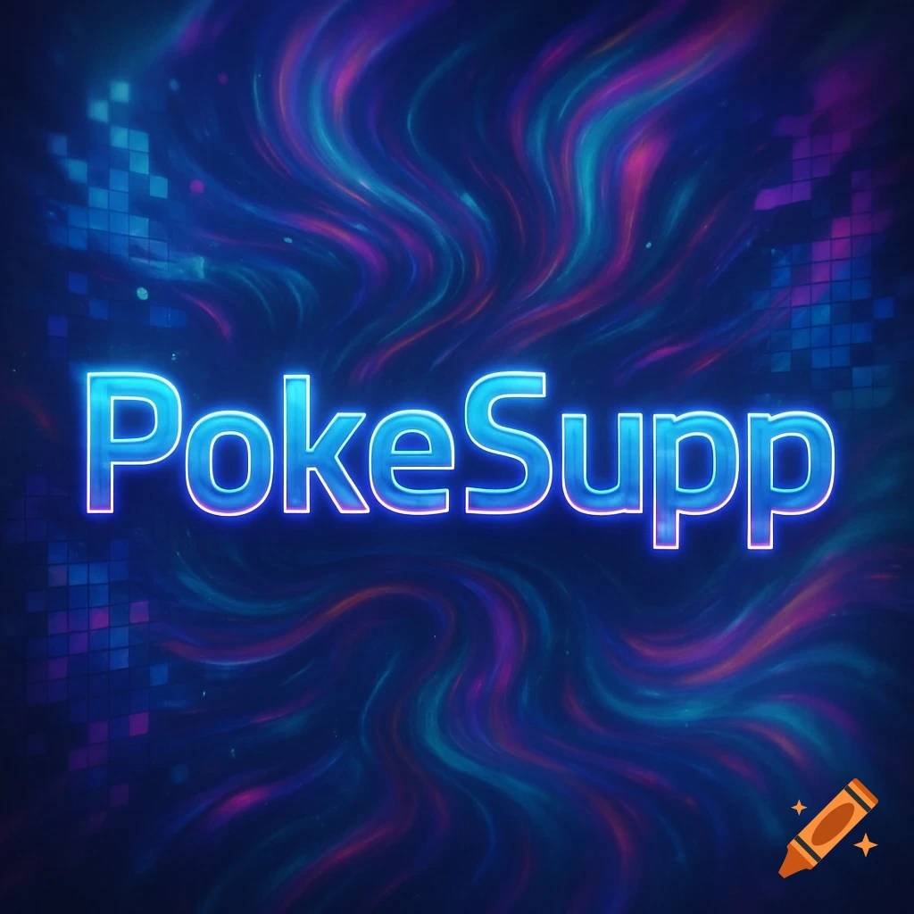 Glowing neon text 'PokeSupp' on a swirling blue and purple abstract background with pixelated patterns.