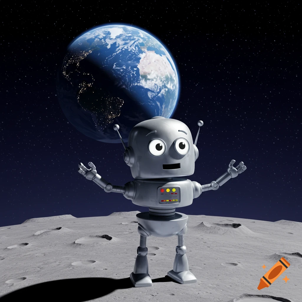 A friendly cartoon robot stands on the moon's surface with Earth visible in the dark starry sky.