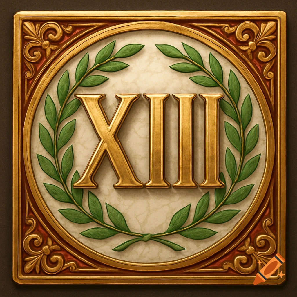 Ornate Roman-themed icon with gold 'XIII' Roman numerals, surrounded by a green laurel wreath on a textured background with decorative gold and red borders.