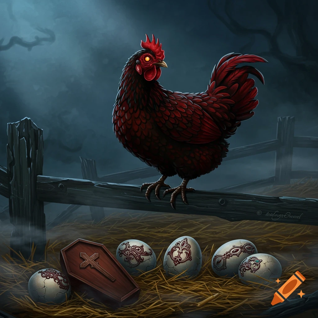 A dark red gothic chicken with glowing red eyes perches on a wooden fence at night. Below it, ornate eggs and a coffin lie on hay.