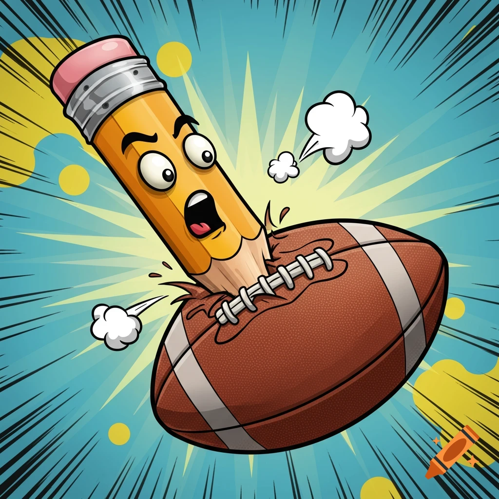 A wide-eyed cartoon pencil spears an American football in a dynamic comic book style illustration.