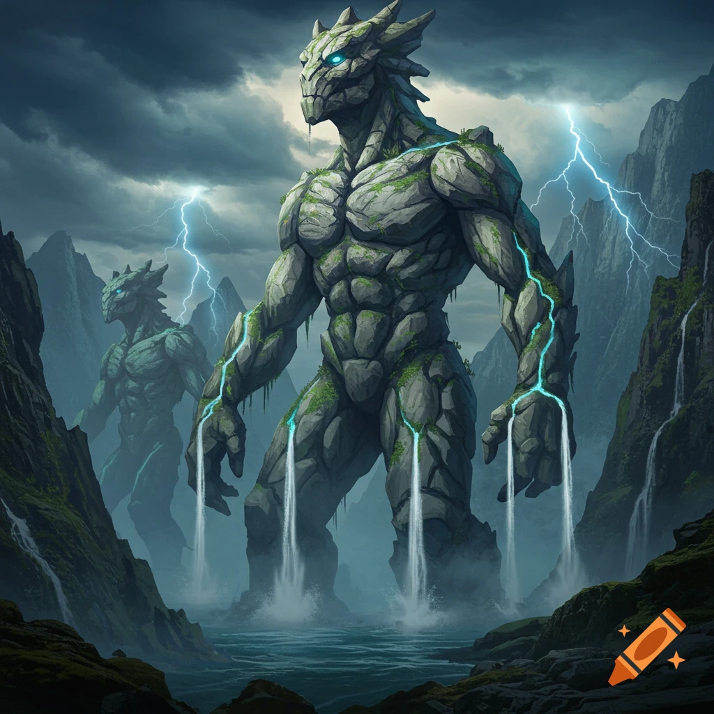 Two colossal rock giants with glowing blue eyes and waterfalls, standing in a stormy mountain landscape with lightning.